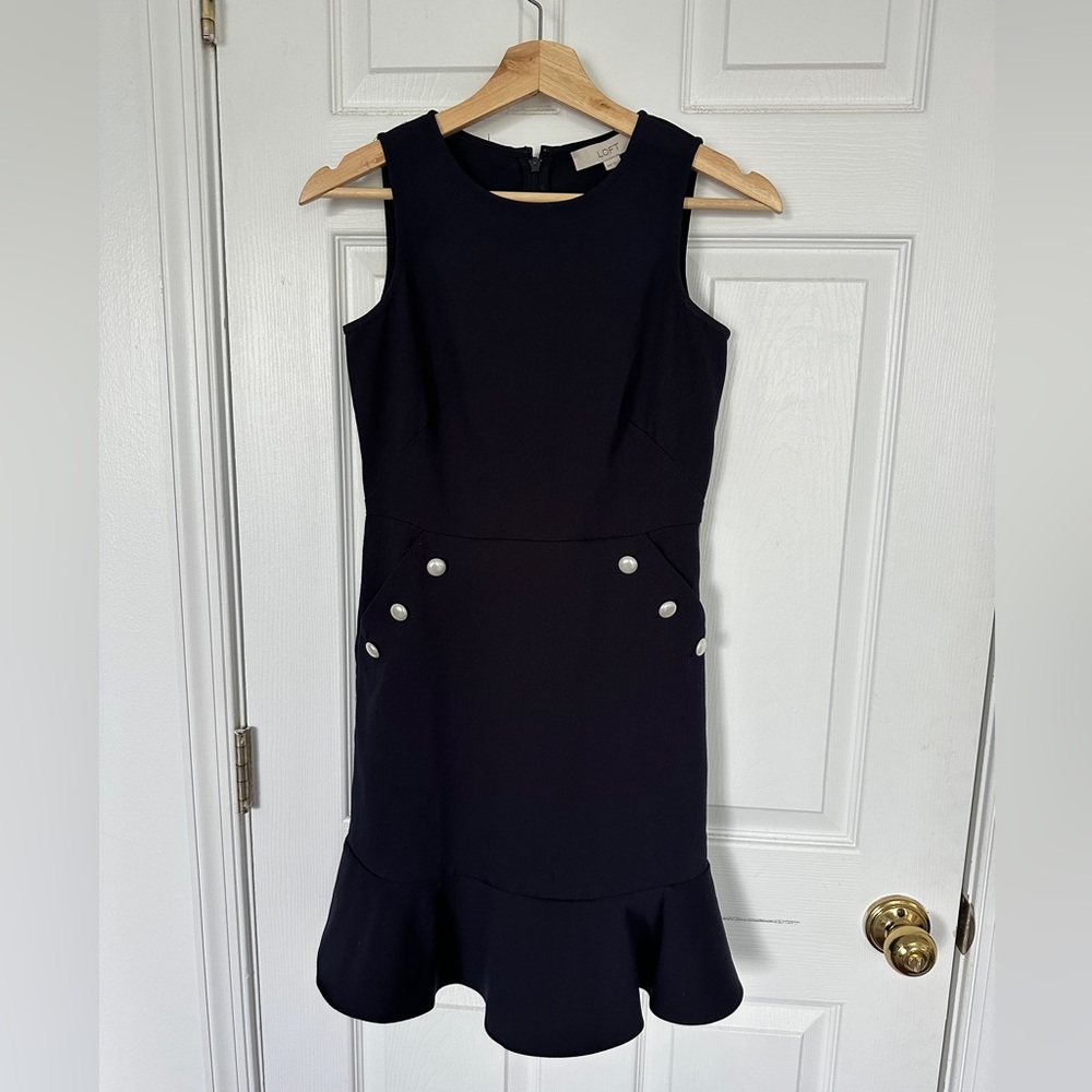 Ann Taylor LOFT navy blue sleeveless sheath dress 00P petite w/ POCKETS!